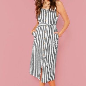 Grey and White Striped Button Down Dress w/Pockets